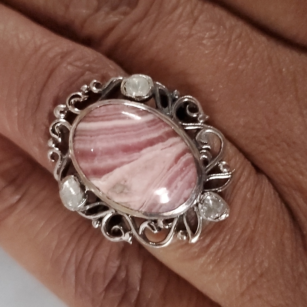 Natural Rhodochrosite and Polki Diamond Cocktail ring in Oxidized SterlingSilver
